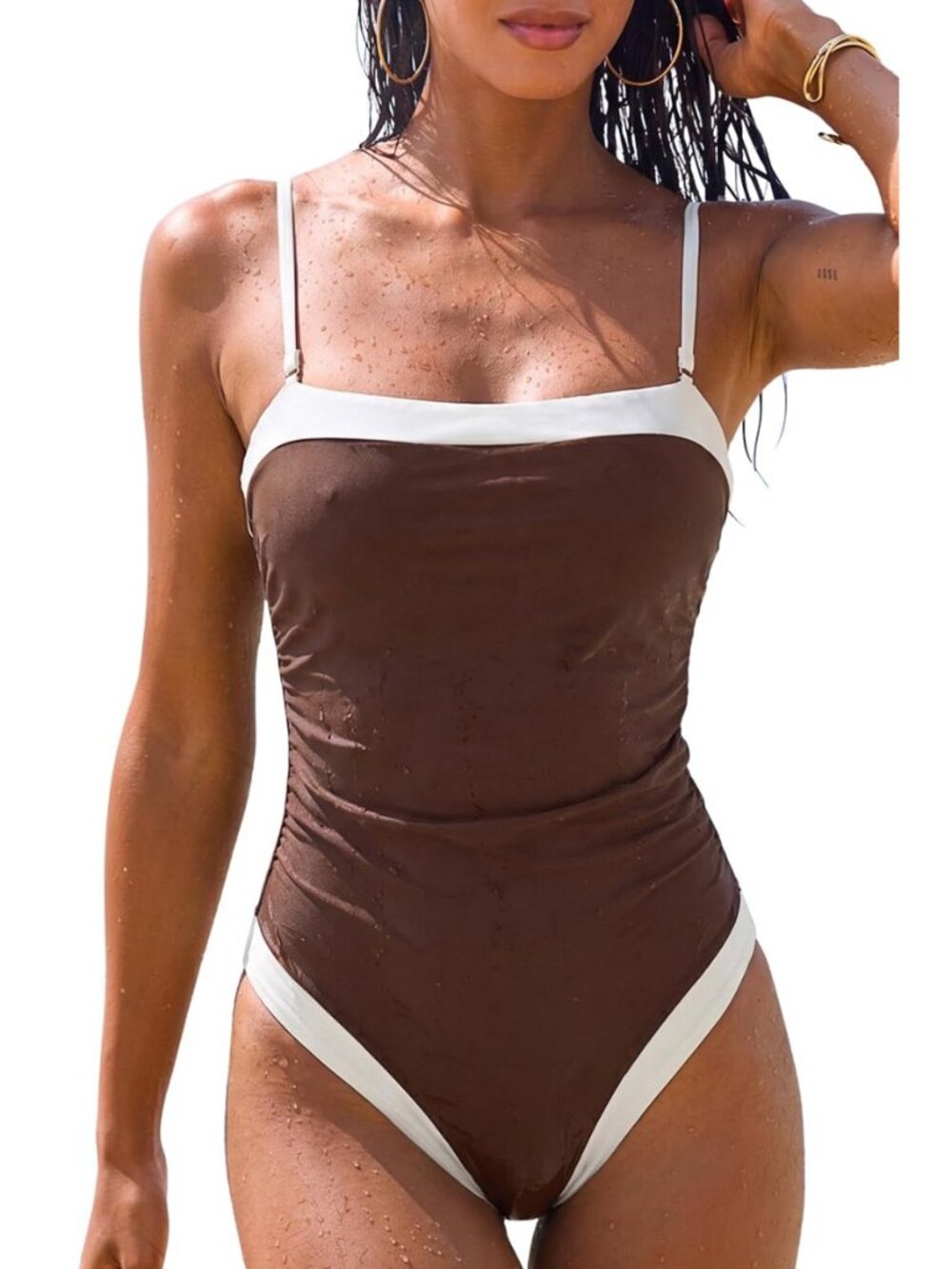 Women's One Piece Swimsuit Color Block Square Neck Bathing Suit